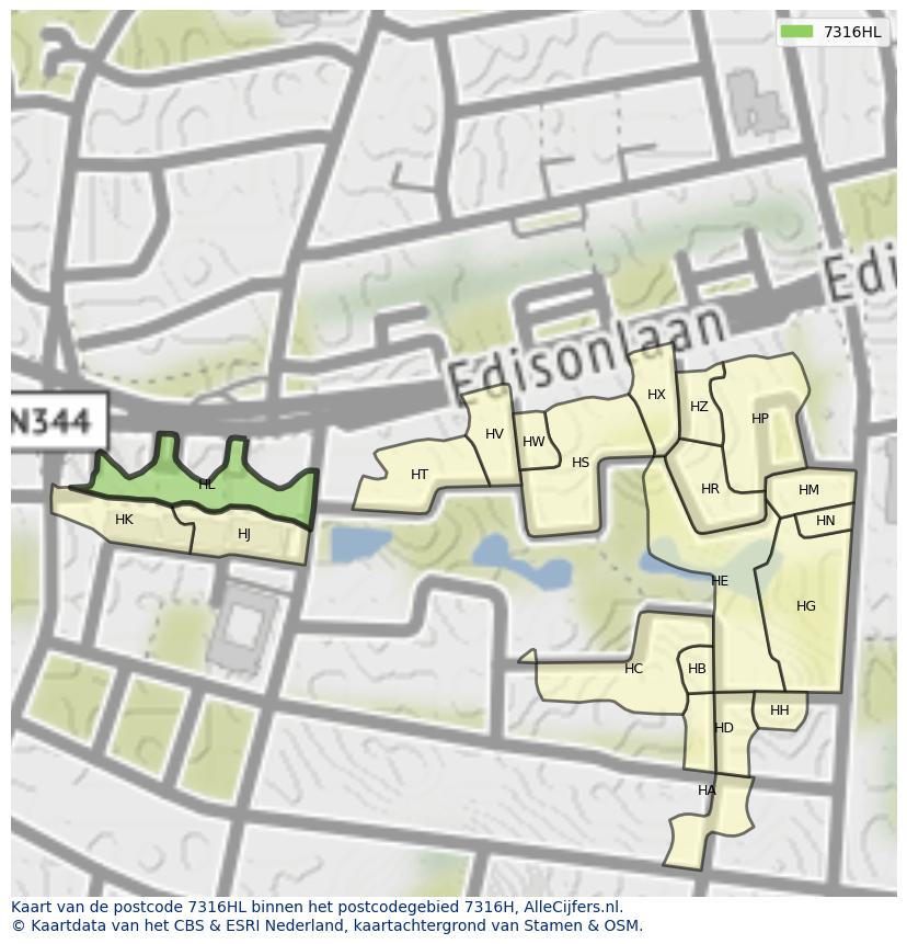 Afbeelding van het postcodegebied 7316 HL op de kaart.