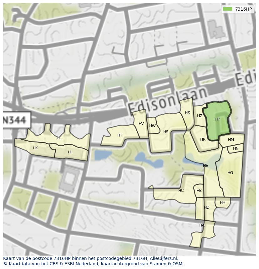 Afbeelding van het postcodegebied 7316 HP op de kaart.