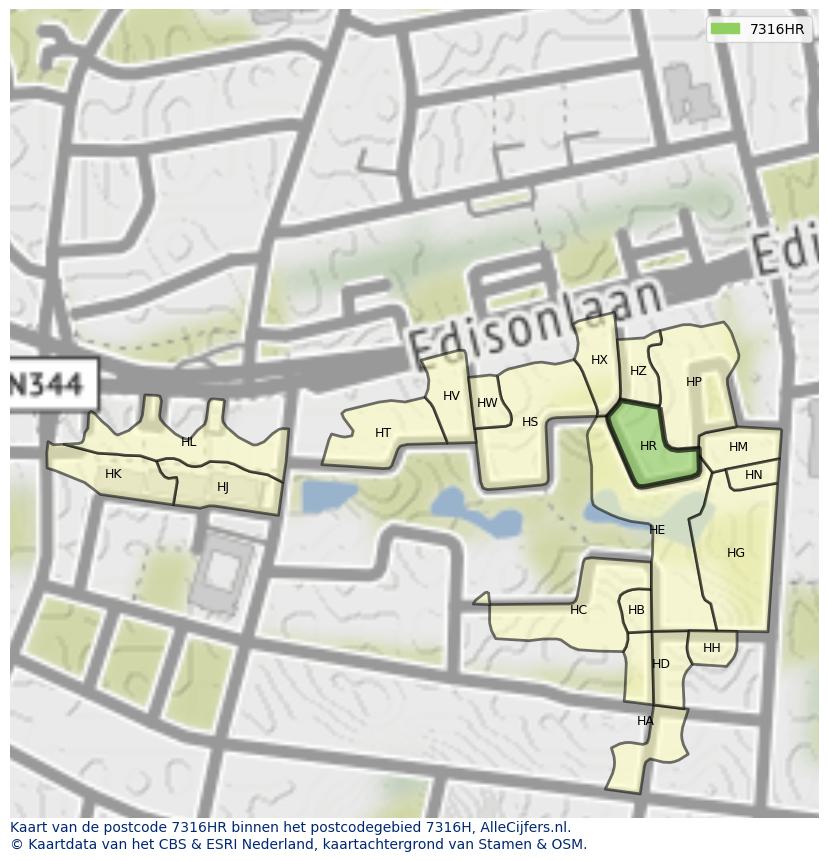 Afbeelding van het postcodegebied 7316 HR op de kaart.