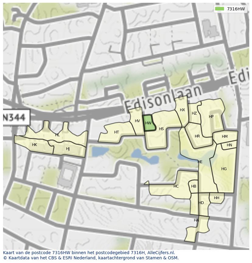 Afbeelding van het postcodegebied 7316 HW op de kaart.