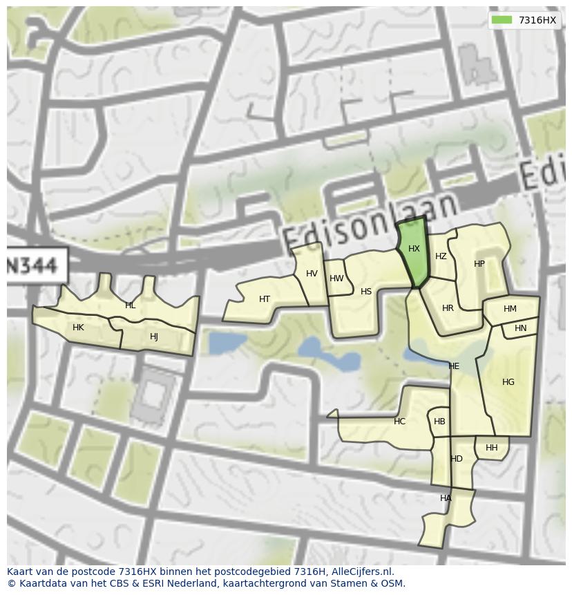 Afbeelding van het postcodegebied 7316 HX op de kaart.