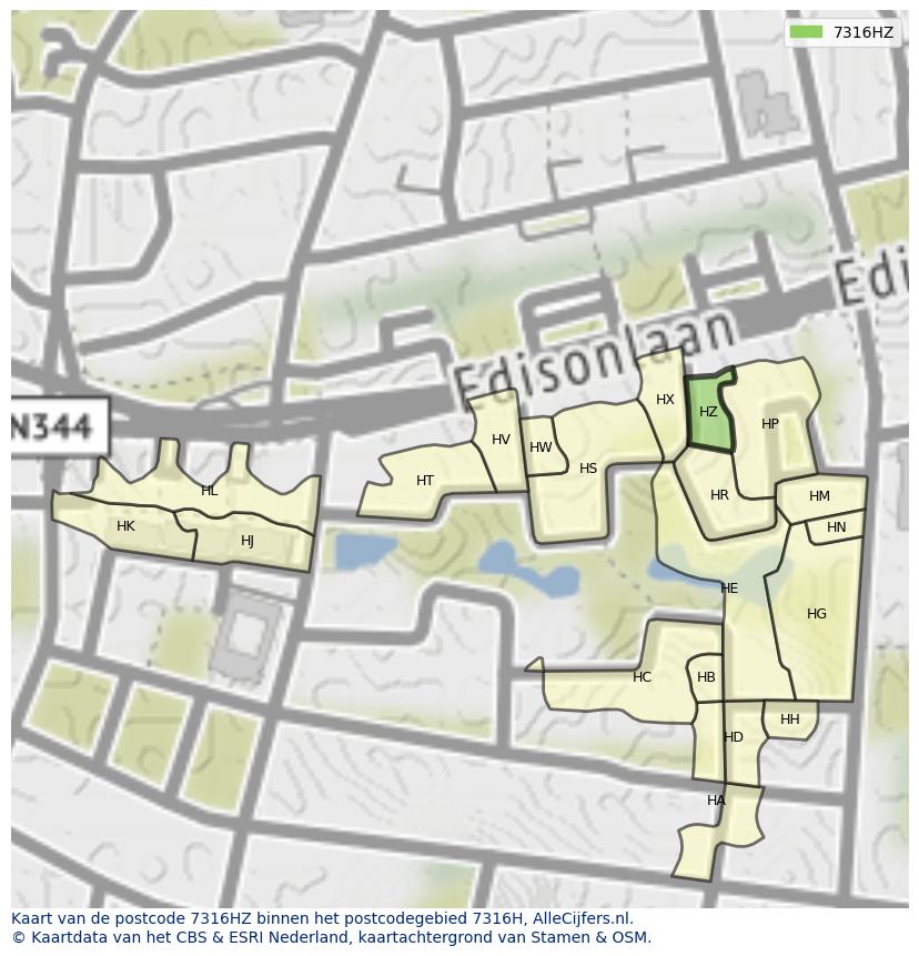 Afbeelding van het postcodegebied 7316 HZ op de kaart.