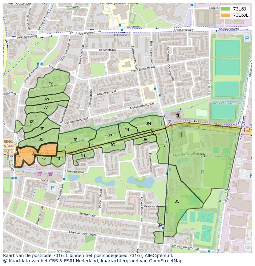 Afbeelding van het postcodegebied 7316 JL op de kaart.