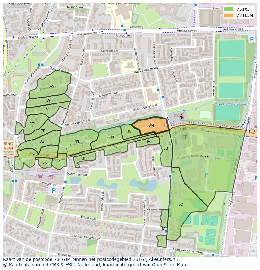 Afbeelding van het postcodegebied 7316 JM op de kaart.