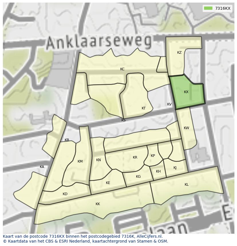 Afbeelding van het postcodegebied 7316 KX op de kaart.