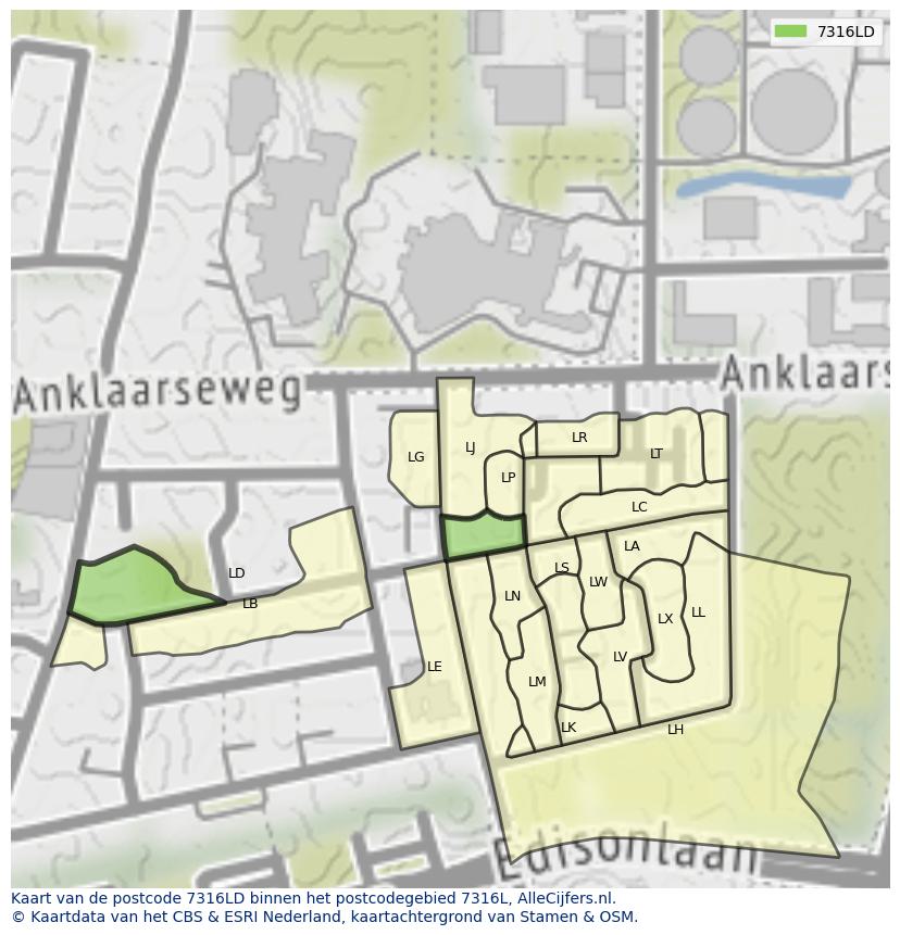 Afbeelding van het postcodegebied 7316 LD op de kaart.