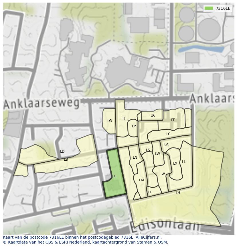 Afbeelding van het postcodegebied 7316 LE op de kaart.