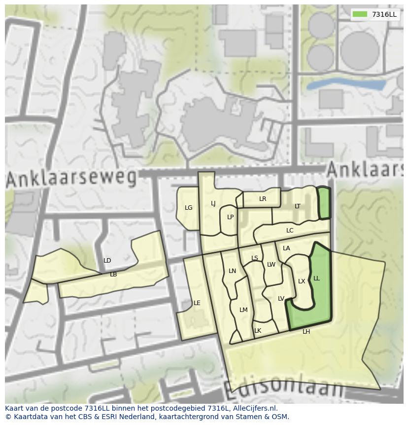 Afbeelding van het postcodegebied 7316 LL op de kaart.