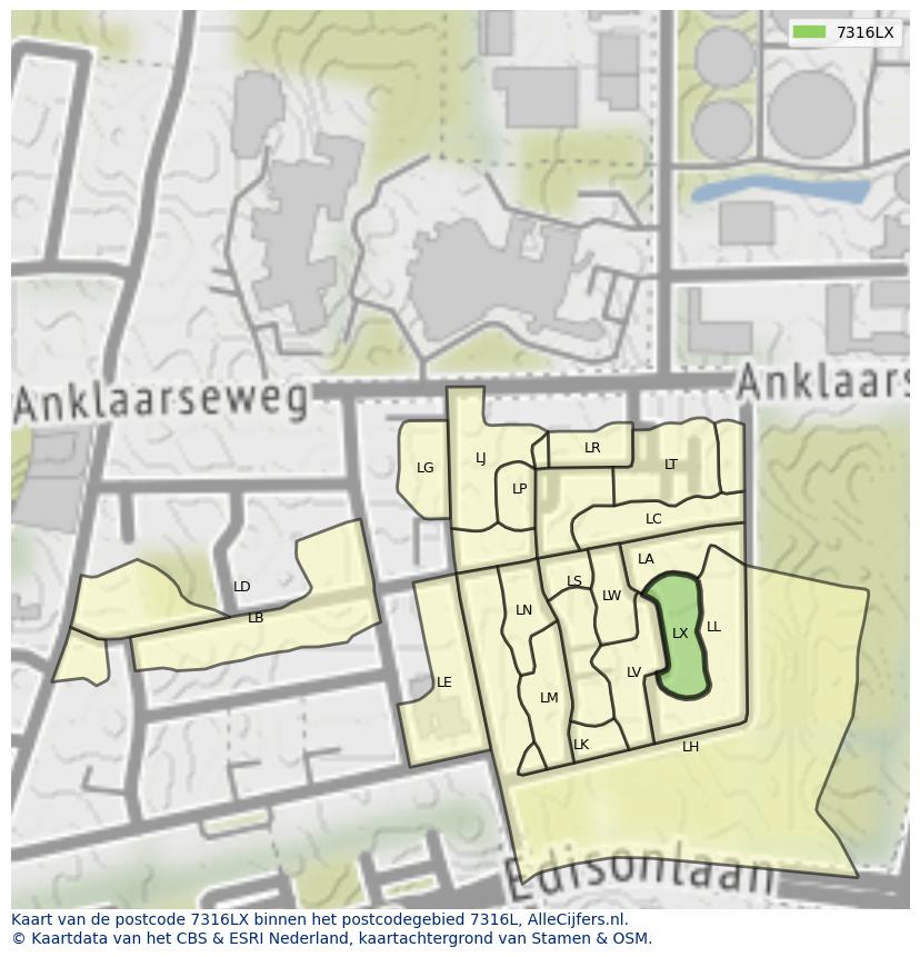 Afbeelding van het postcodegebied 7316 LX op de kaart.
