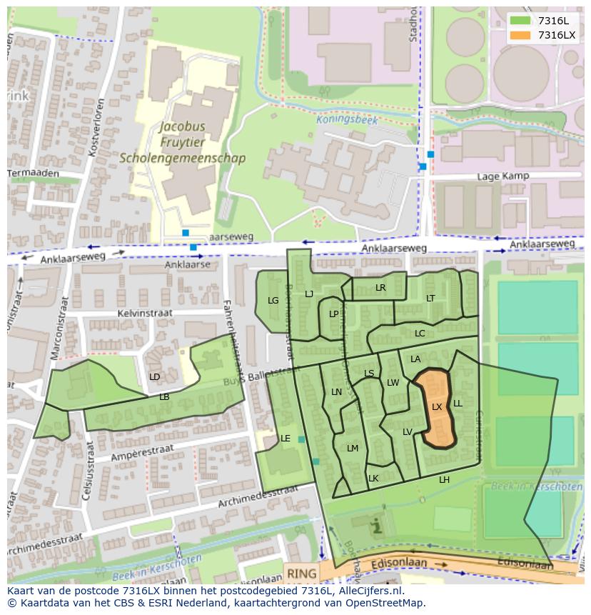 Afbeelding van het postcodegebied 7316 LX op de kaart.