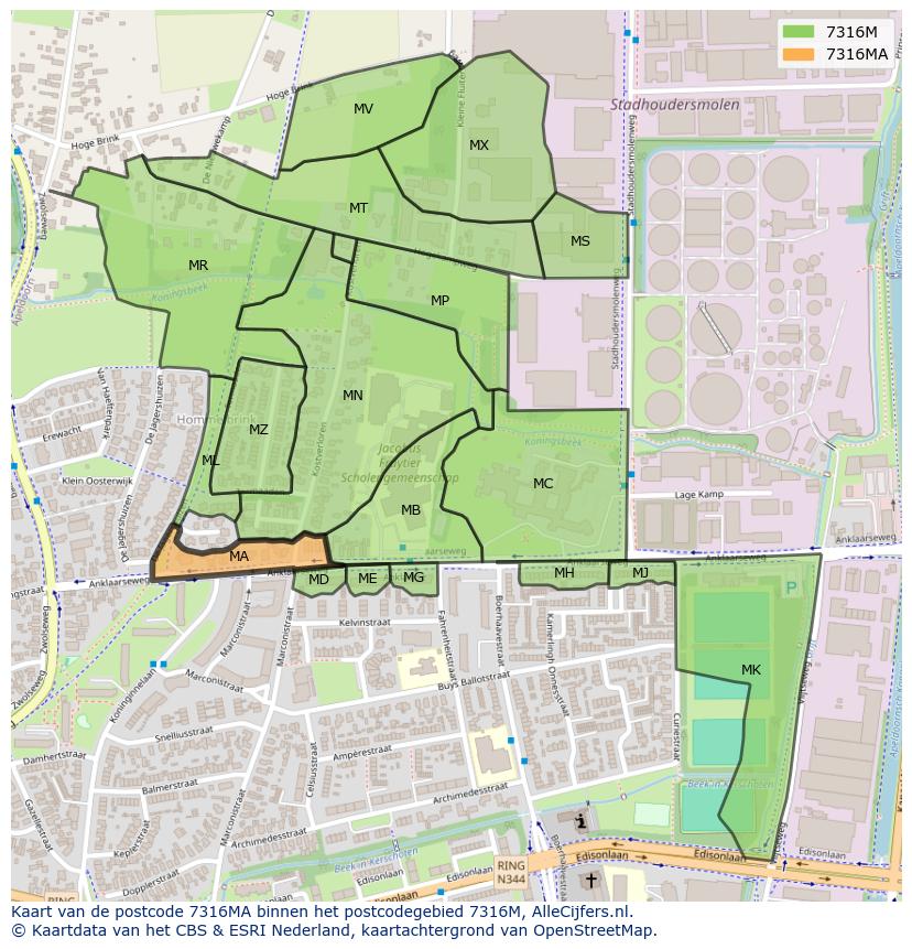 Afbeelding van het postcodegebied 7316 MA op de kaart.