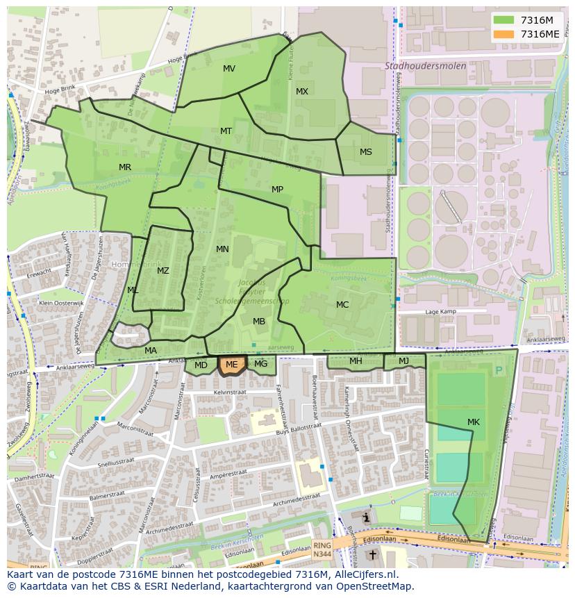 Afbeelding van het postcodegebied 7316 ME op de kaart.