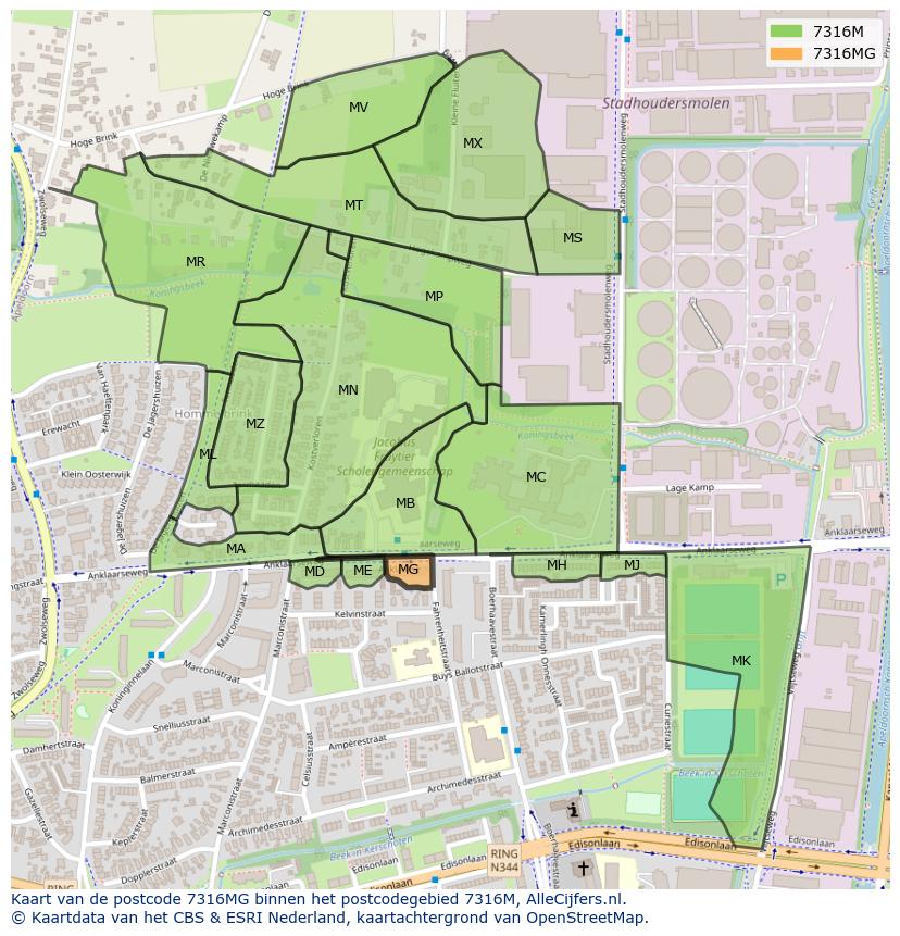 Afbeelding van het postcodegebied 7316 MG op de kaart.