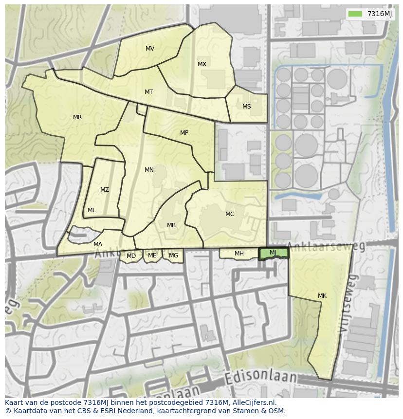 Afbeelding van het postcodegebied 7316 MJ op de kaart.