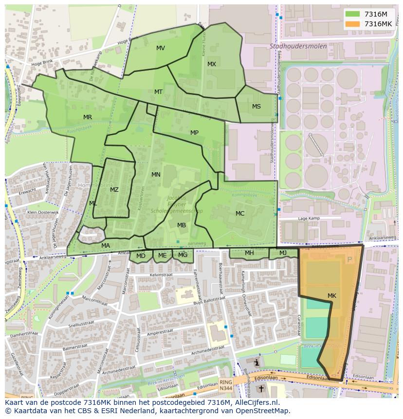 Afbeelding van het postcodegebied 7316 MK op de kaart.