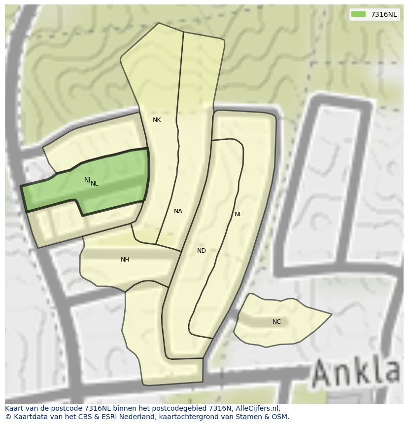 Afbeelding van het postcodegebied 7316 NL op de kaart.