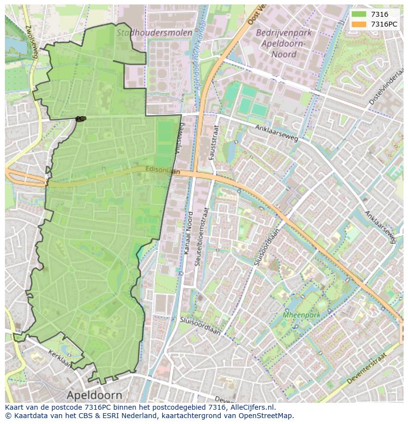 Afbeelding van het postcodegebied 7316 PC op de kaart.
