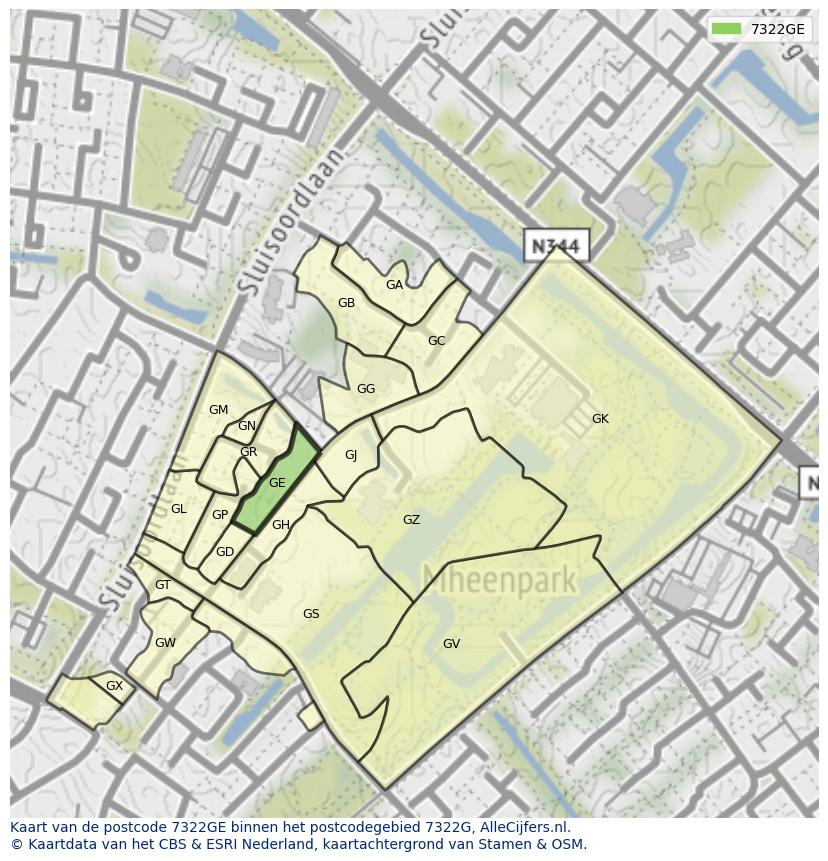 Afbeelding van het postcodegebied 7322 GE op de kaart.