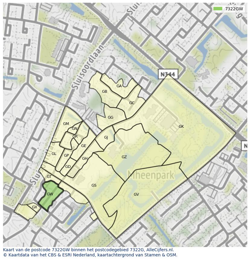 Afbeelding van het postcodegebied 7322 GW op de kaart.