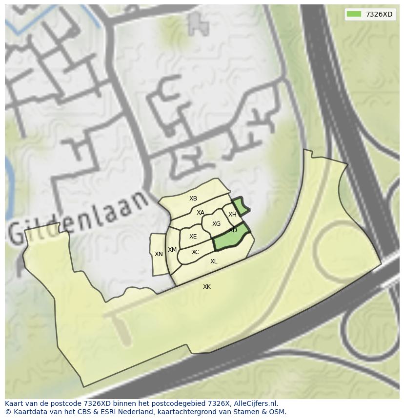 Afbeelding van het postcodegebied 7326 XD op de kaart.