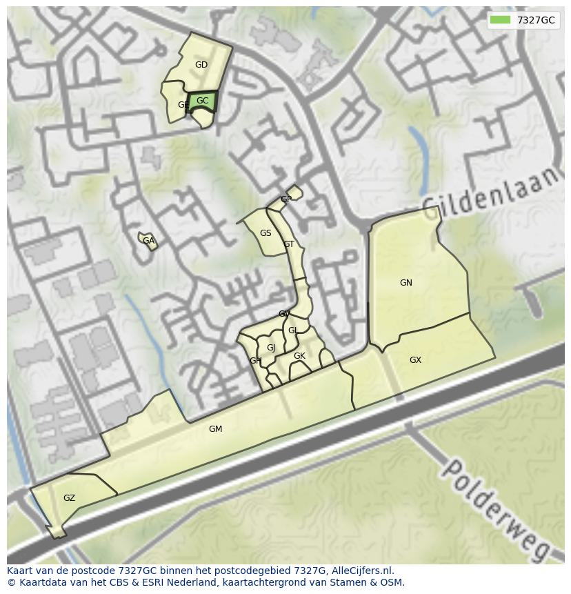 Afbeelding van het postcodegebied 7327 GC op de kaart.