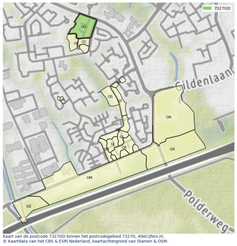 Afbeelding van het postcodegebied 7327 GD op de kaart.