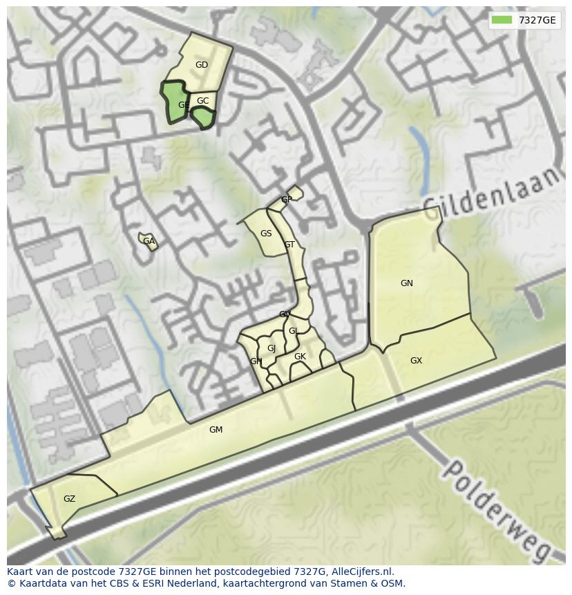 Afbeelding van het postcodegebied 7327 GE op de kaart.