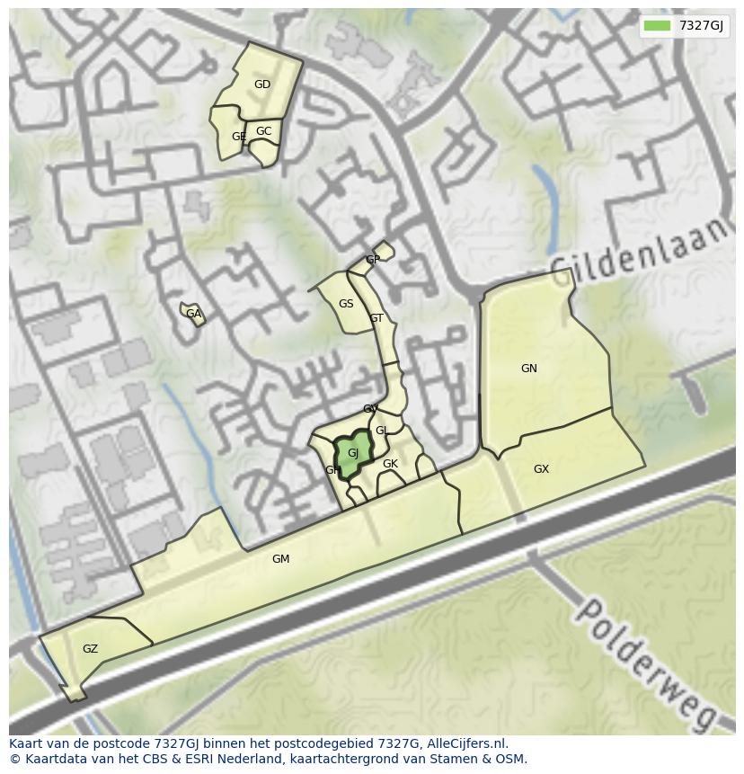 Afbeelding van het postcodegebied 7327 GJ op de kaart.