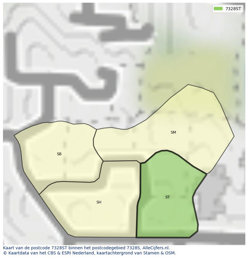 Afbeelding van het postcodegebied 7328 ST op de kaart.