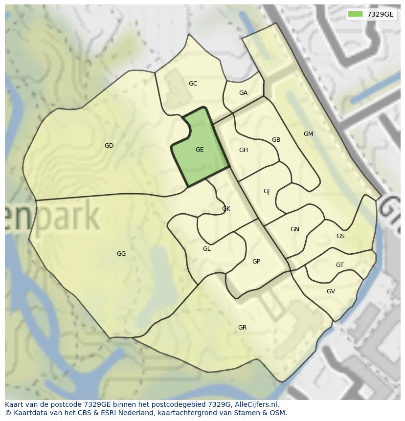 Afbeelding van het postcodegebied 7329 GE op de kaart.