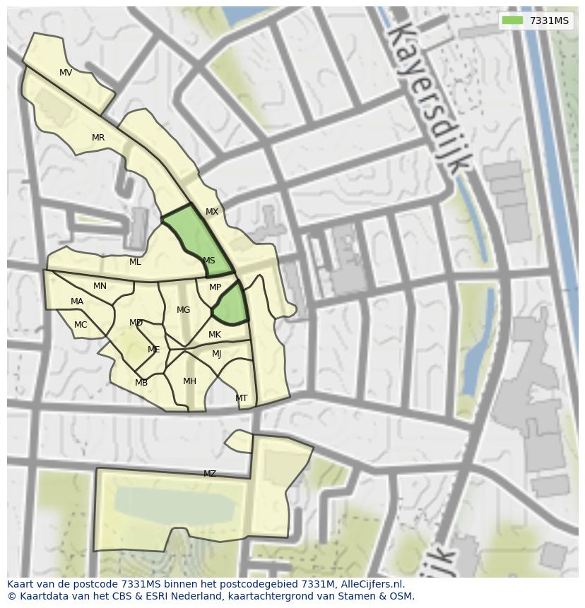 Afbeelding van het postcodegebied 7331 MS op de kaart.