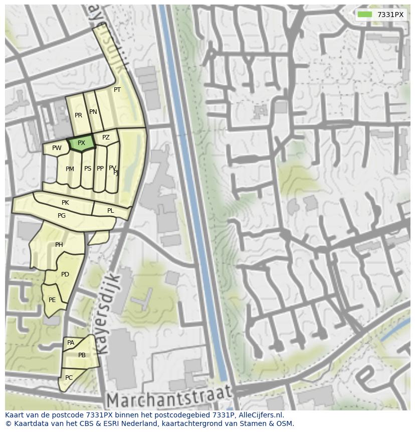 Afbeelding van het postcodegebied 7331 PX op de kaart.
