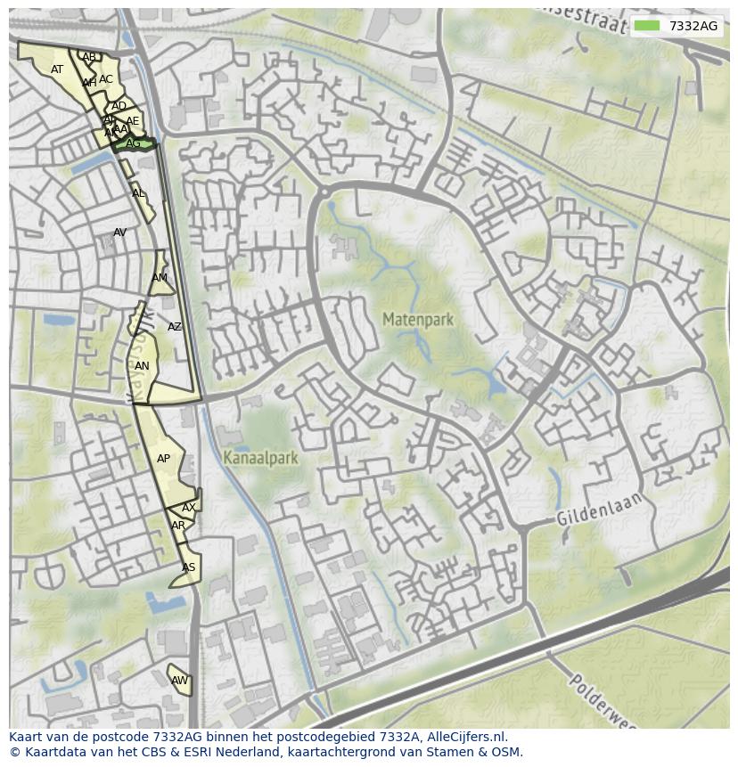 Afbeelding van het postcodegebied 7332 AG op de kaart.