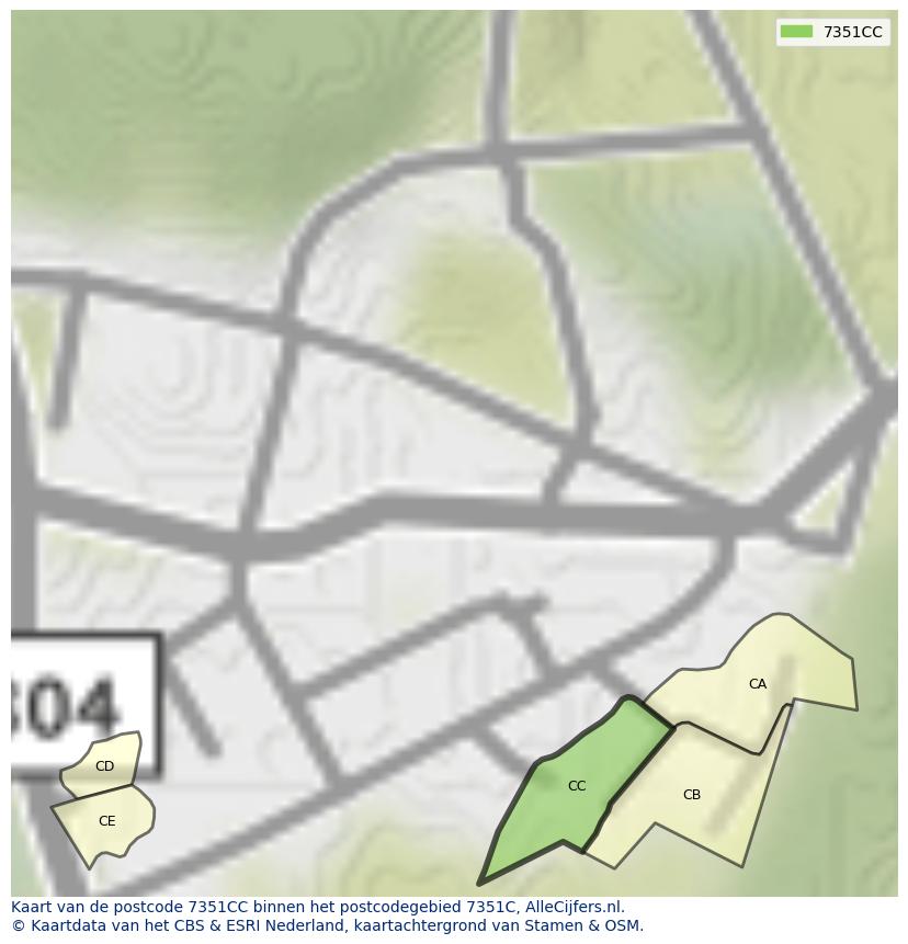 Afbeelding van het postcodegebied 7351 CC op de kaart.
