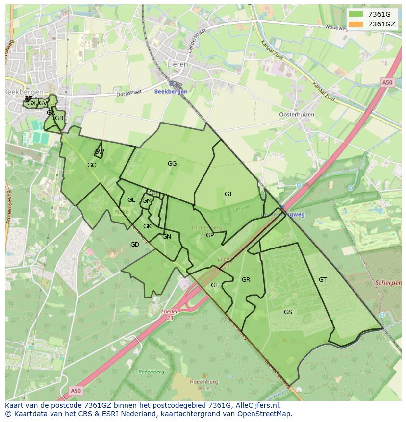 Afbeelding van het postcodegebied 7361 GZ op de kaart.