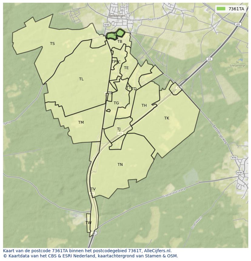 Afbeelding van het postcodegebied 7361 TA op de kaart.