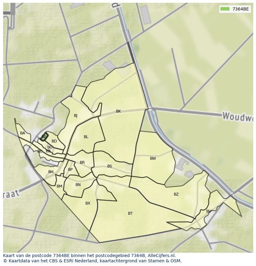 Afbeelding van het postcodegebied 7364 BE op de kaart.