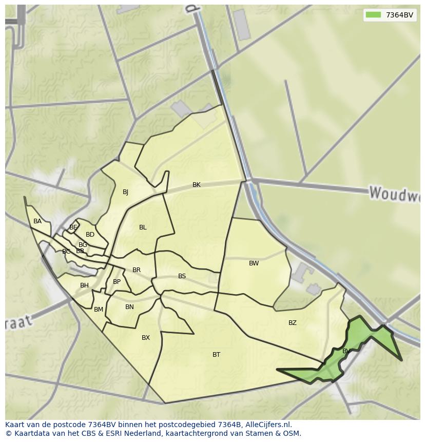 Afbeelding van het postcodegebied 7364 BV op de kaart.