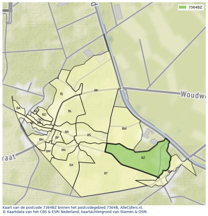 Afbeelding van het postcodegebied 7364 BZ op de kaart.