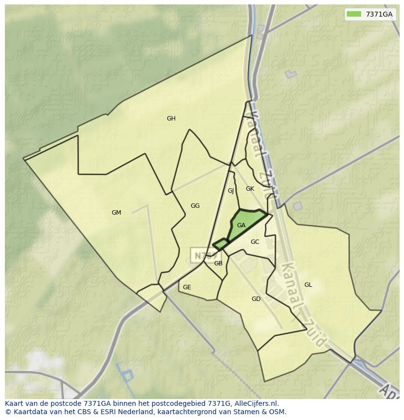 Afbeelding van het postcodegebied 7371 GA op de kaart.
