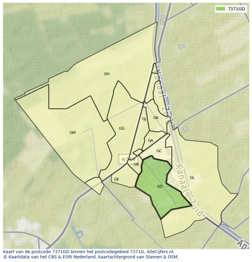 Afbeelding van het postcodegebied 7371 GD op de kaart.