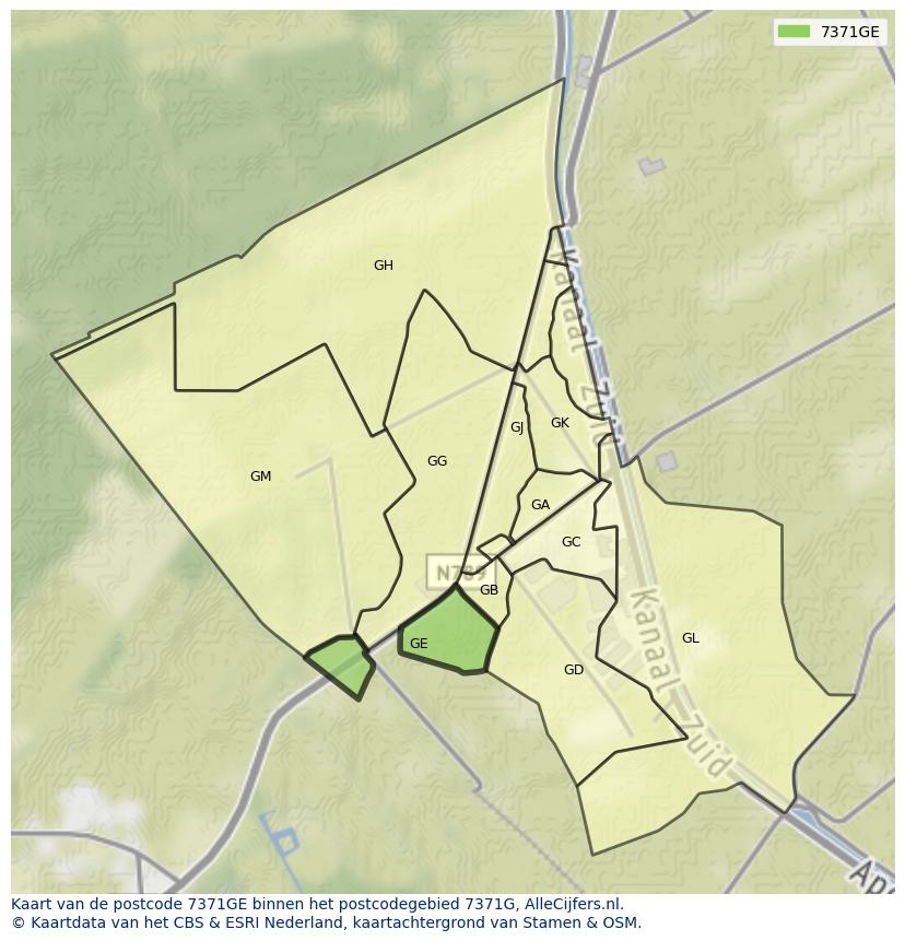 Afbeelding van het postcodegebied 7371 GE op de kaart.