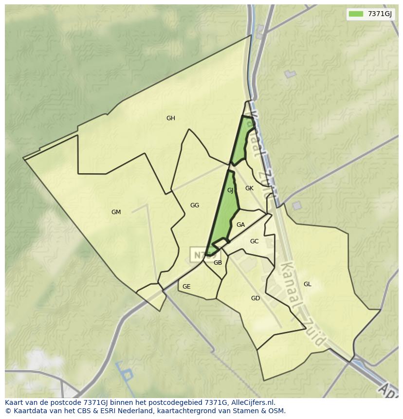 Afbeelding van het postcodegebied 7371 GJ op de kaart.