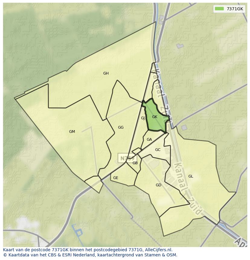 Afbeelding van het postcodegebied 7371 GK op de kaart.
