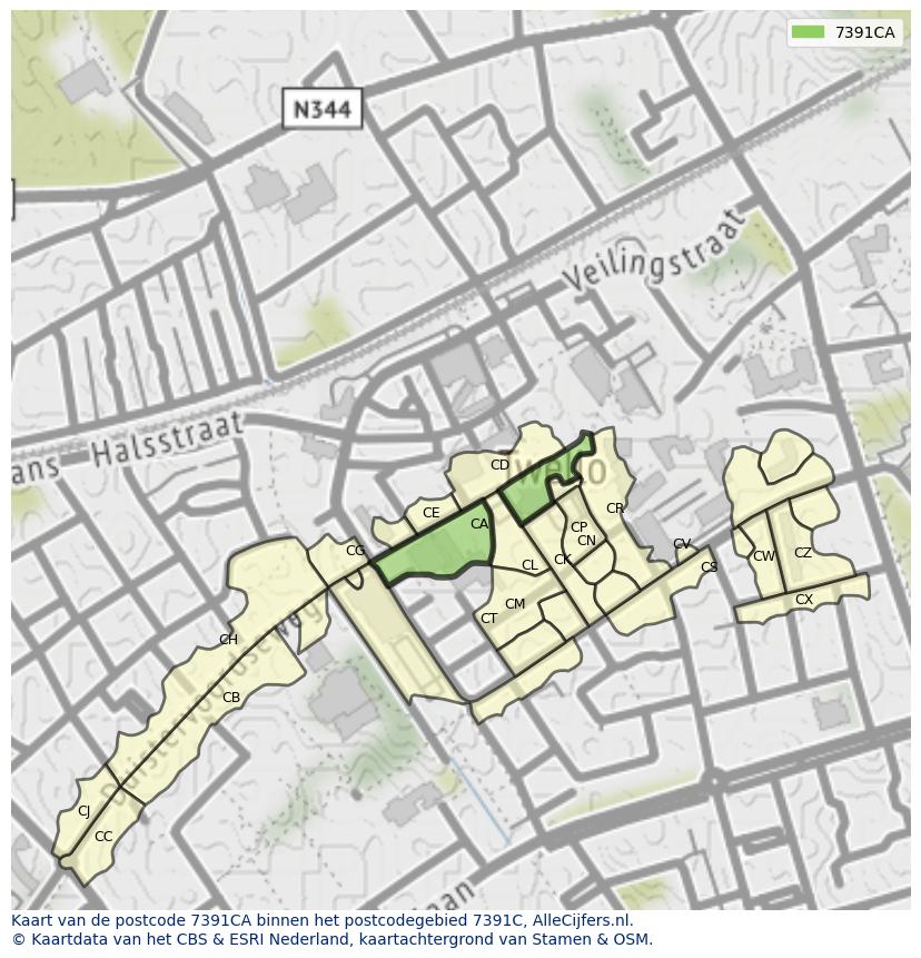 Afbeelding van het postcodegebied 7391 CA op de kaart.