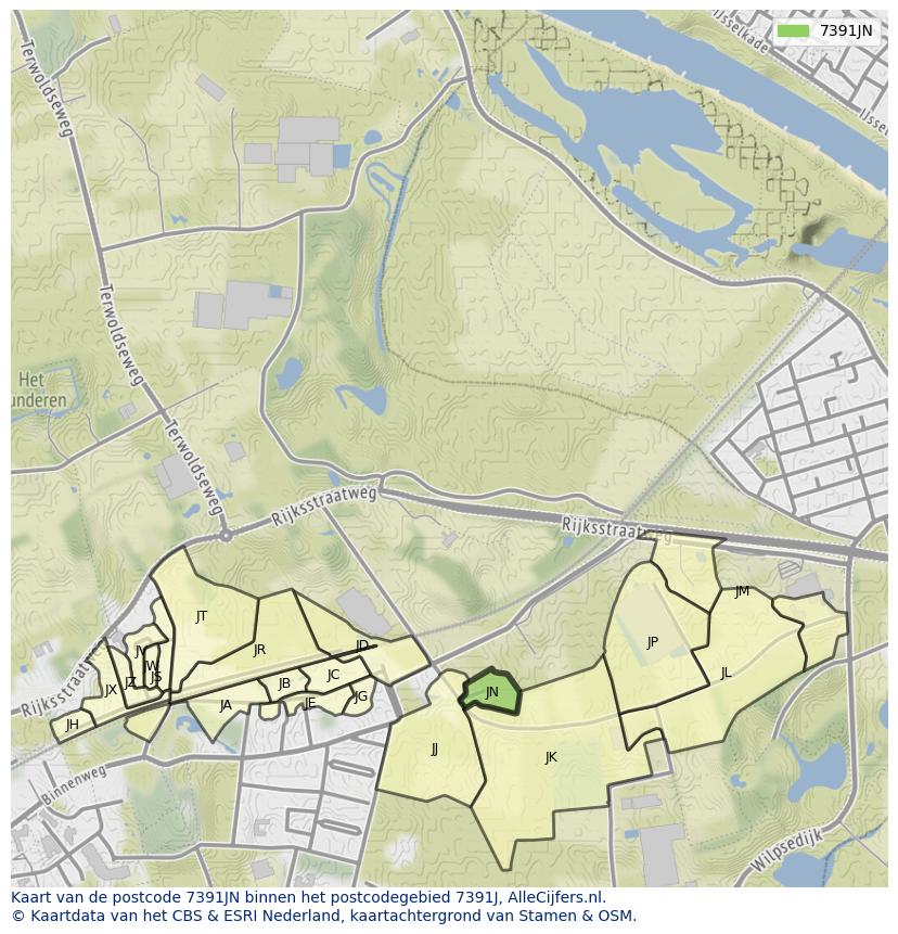 Afbeelding van het postcodegebied 7391 JN op de kaart.