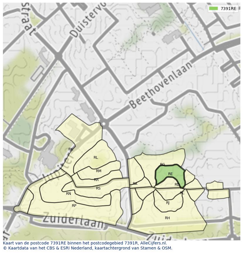 Afbeelding van het postcodegebied 7391 RE op de kaart.
