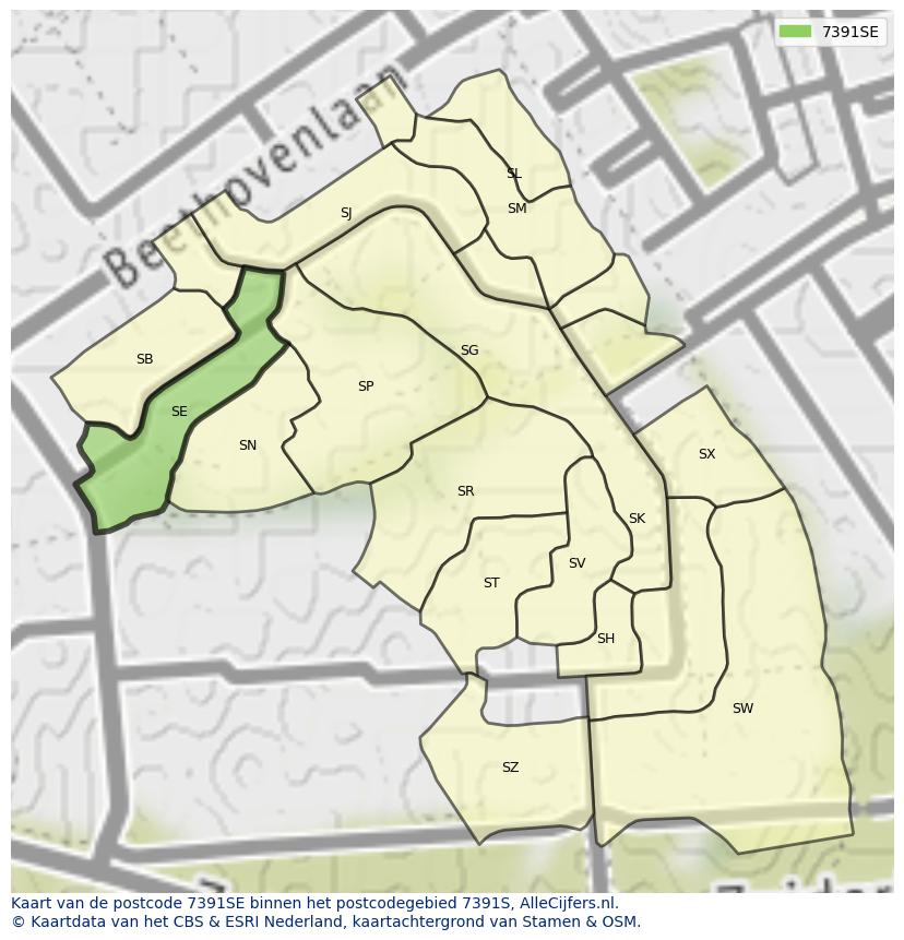 Afbeelding van het postcodegebied 7391 SE op de kaart.