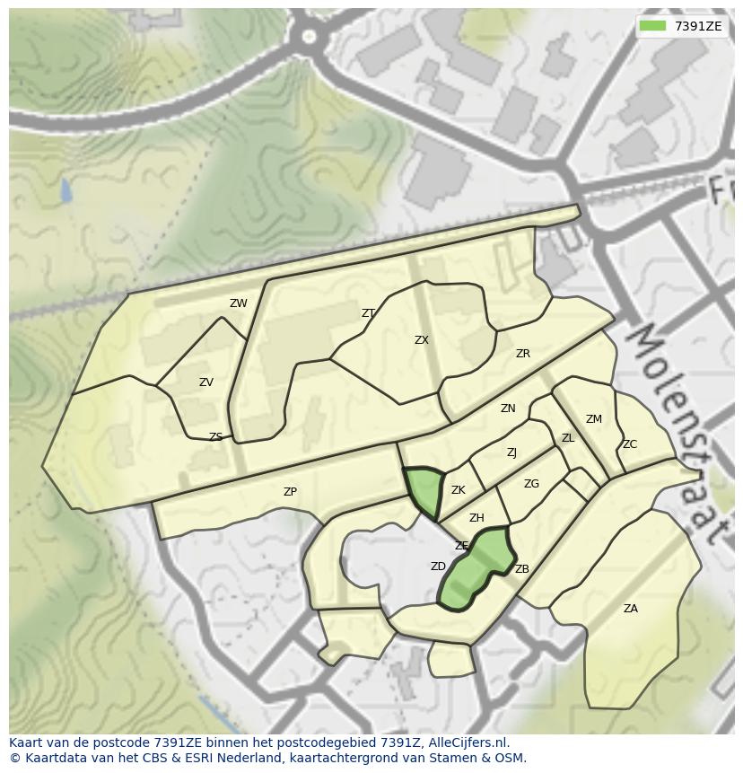 Afbeelding van het postcodegebied 7391 ZE op de kaart.