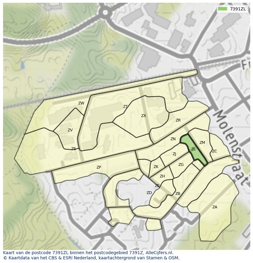 Afbeelding van het postcodegebied 7391 ZL op de kaart.